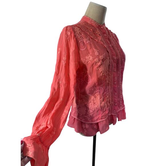 "Johhny Was" Serene Ryder Blouse, Passion Fruit ,SZ S ,Embroidered, Whimsy, Boho - Picture 2 of 13